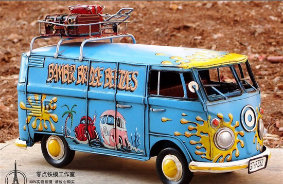 Blue Large Size Vintage Tinplate 1967 VW Hippie Bus Model